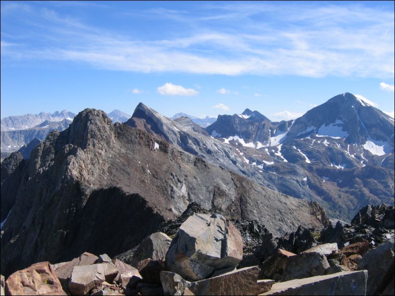 2005-09-10 Morrison (69) Left to right Bear Creek Spire, Abbot, South Summit,  Gabb, Baldwin, Hilgard, Seven GAbles, Red and White, Red Slate